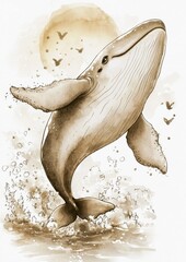 A whimsical illustration of a whale breaching the surface, surrounded by a serene, sepia-toned landscape with birds flying in the background.