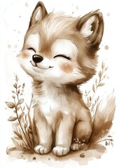 A cute illustration of a smiling fox surrounded by plants in a soft color palette.