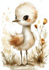A cute, cartoonish baby bird with fluffy feathers stands amidst soft, colorful flowers.