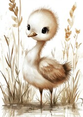 A cute, cartoonish baby bird stands amidst soft grass in a gentle, earthy color scheme, exuding charm and innocence.