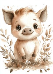 A cute cartoon piglet with big eyes and a cheerful expression, surrounded by leaves in earthy tones.