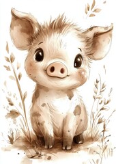A cute cartoon piglet with big eyes and a cheerful expression, surrounded by soft greenery and earthy tones.