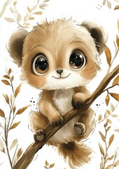 A cute cartoon bear cub with big eyes sitting on a branch surrounded by leaves in soft neutral tones.