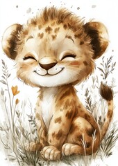 A cheerful cartoon lion cub with a playful expression, surrounded by gentle foliage and a light background.