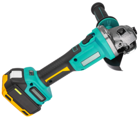 Convenient angle grinder with protective cover and battery.