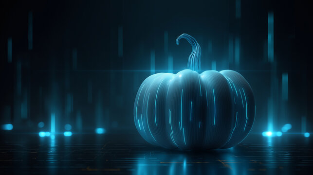 A Halloween pumpkin carved with futuristic technology-inspired patterns, glowing with blue neon lights