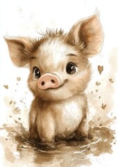 A cute cartoon piglet standing in a muddy puddle, surrounded by soft splashes of color, with a charming smile and large expressive eyes.