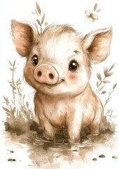 A cute cartoon pig standing in puddles with a joyful expression, surrounded by soft plants and flowers.