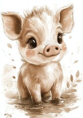 A cute, cartoonish piglet with big eyes and a cheerful expression, surrounded by a simple nature setting.