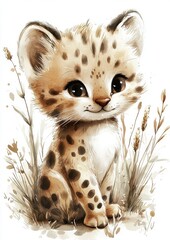 A cute illustrated baby leopard with big eyes, surrounded by tall grass and gently blurred background.