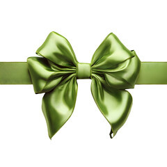 Elegant green satin ribbon bow tied on a strip of fabric isolated on transparent background