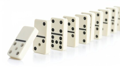 Falling Dominoes Chain Reaction White Background Close up Game Pieces Sequence