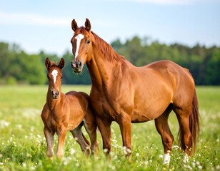 Fototapeta premium Mother horse and foal in a field