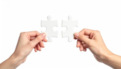 Two Hands Connecting White Jigsaw Puzzle Pieces Teamwork Concept Solution Collaboration