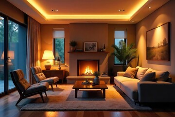 Fototapeta premium Warm, inviting living room illuminated by soft, ambient lighting Stylish lamps create a cozy atmosphere perfect for relaxation and entertaining Modern home interior design , bulb, residential
