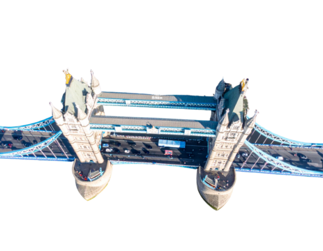Top-Down Aerial View of Tower Bridge in London with Surrounding Roads,