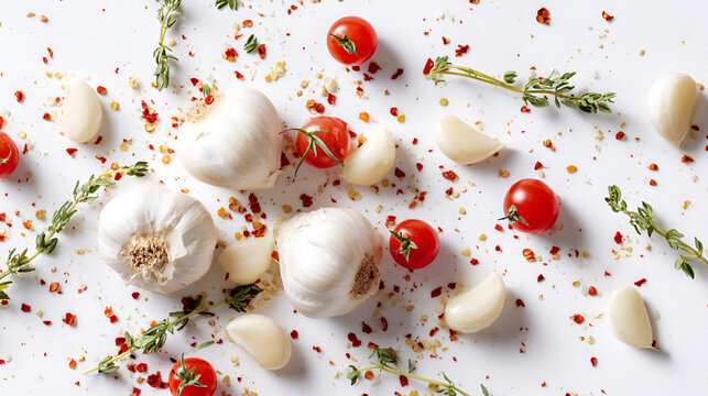 Culinary ingredients: garlic bulbs, garlic cloves, cherry tomatoes, herbs and spice flakes on white backdrop - Powered by Adobe