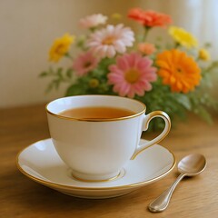 Fototapeta premium Delicate white teacup with gold trim, surrounded by flowers, on a wooden table.