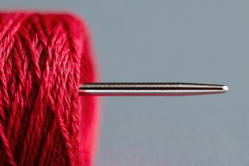Red thread spool with a needle, close-up of sewing equipment on gray background