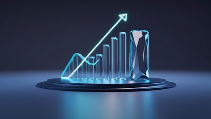 Futuristic glowing data visualization graph with neon light bars and line chart on dark background