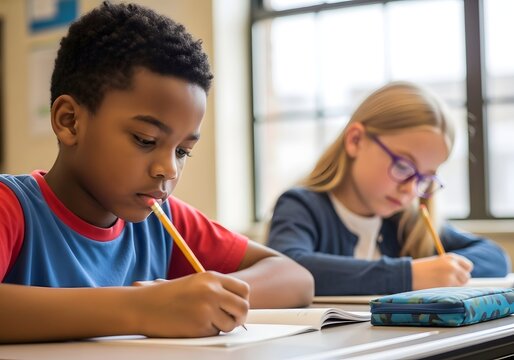 Two students, a boy and a girl, are sitting at their desks in the classroom, focused on learning and writing with pencils
