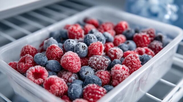 Discover the vibrant freshness of raspberries and blueberries with a frosty touch, perfect for culinary delights.