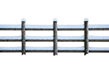 Rustic wooden farm fence with posts covered in fresh snow isolated with transparent background