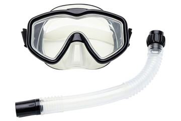 Black scuba diving mask with a clear plastic snorkel tube isolated with transparent background