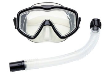 Black scuba diving mask with a clear plastic snorkel tube isolated with transparent background