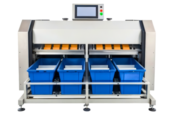 Automated factory sorting machine with blue plastic containers isolated with transparent background