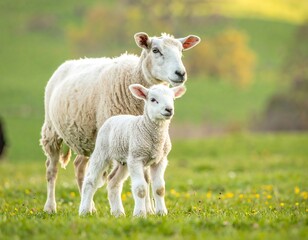 Obraz premium Mother sheep and lamb in a field