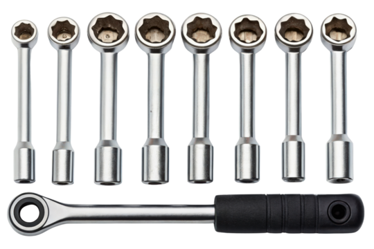 Socket wrench tool set with various head sizes isolated with transparent background