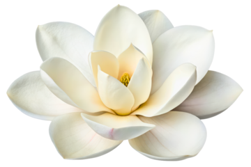 Beautiful white magnolia flower with yellow stamens in full bloom isolated with transparent background