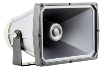 Outdoor public address system horn speaker on a bracket isolated with transparent background