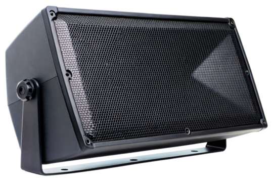 Black professional audio monitor speaker for a live music band isolated with transparent background