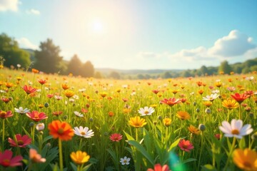 Obraz premium Serene Sun-Drenched Wildflower Meadow Peaceful Landscape Photo Illustrating Joy, Contentment, and Well-being