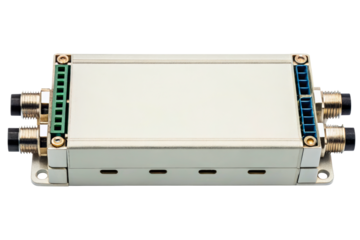 Metal junction box for industrial automation and control systems isolated with transparent background
