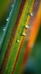 Dew drops on a vibrant green and brown leaf in a natural outdoor setting