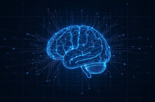 Futuristic glowing blue digital brain with circuitry and data streams