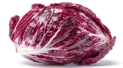 Obraz premium Vibrant radicchio head with red and white speckled leaves, fresh and crisp, displayed against a white backdrop.