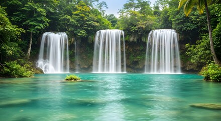 Obraz premium Stunning Triple Waterfall in Lush Tropical Rainforest with Turquoise Pool