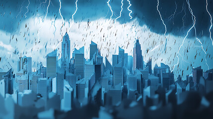 Conceptual illustration of a miniature cityscape under siege from a dramatic electrical storm with intense lightning and torrential rain, symbolizing urban disaster