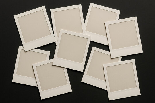 Blank Instant Photos Scattered on a Black Background, Ready for Memories