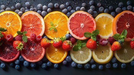 Colorful assortment of citrus fruits and berries overhead