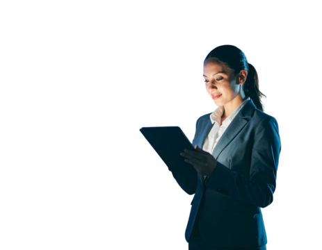  Business Professional Reviewing Financial Reports on Tablet, Isolated on Transparent Background
