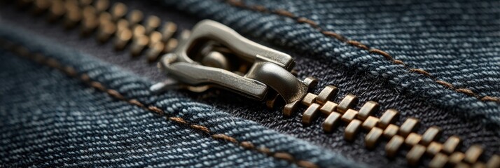 Metal zipper on blue denim jeans with brown stitching in a macro shot
