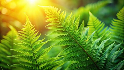Delicate beautiful fern leaves with lush green foliage in a natural floral background against a warm sunlight background
