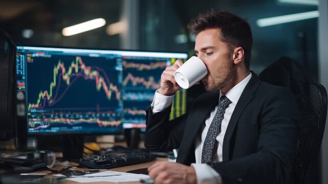 crypto trader businessman in suit drinking coffee from cup. day trading desktop in background with market charts