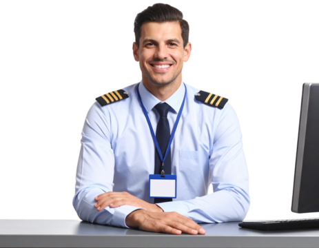 UntitleAttentive Airport Employee Smiling at Check-in Counter, Front View,
