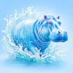 A playful hippopotamus icon with a chunky body and a water splash effect in a vibrant design.